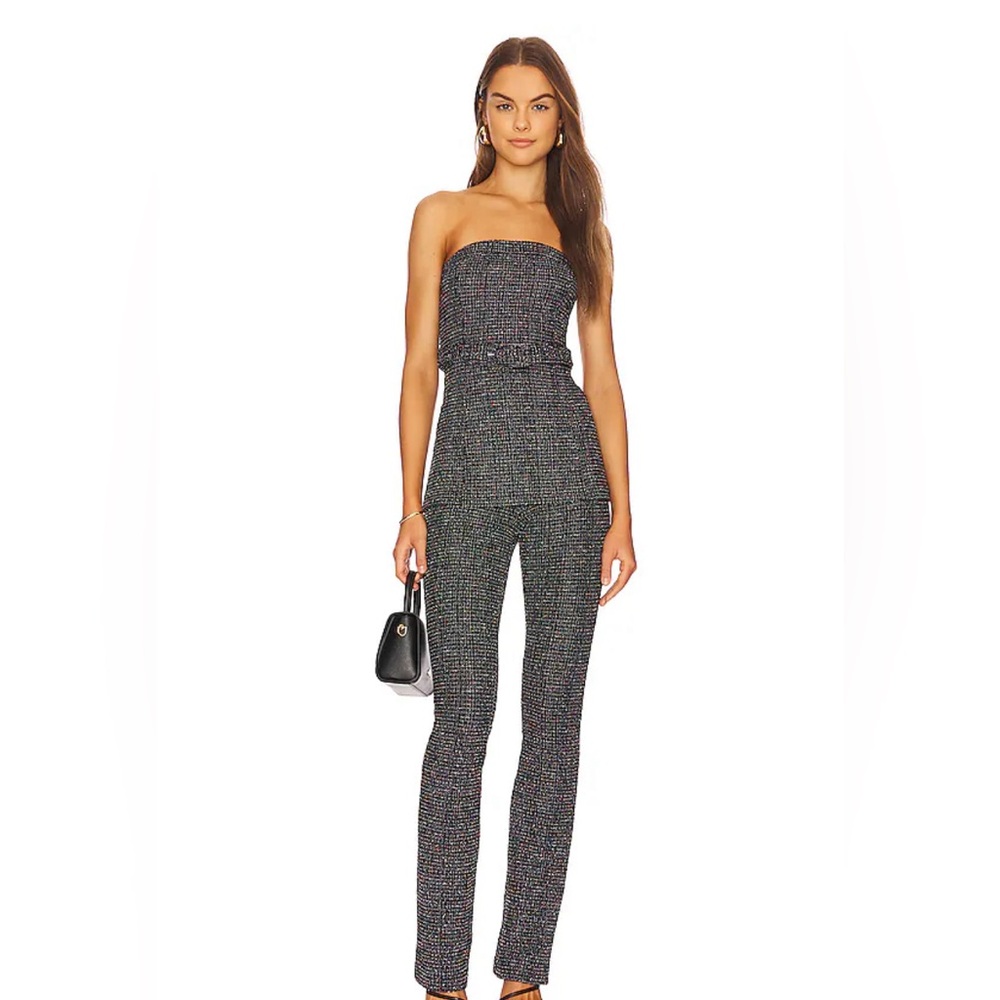 Camila Coelho Strapless Tweed Jumpsuit in Black and Multicolor